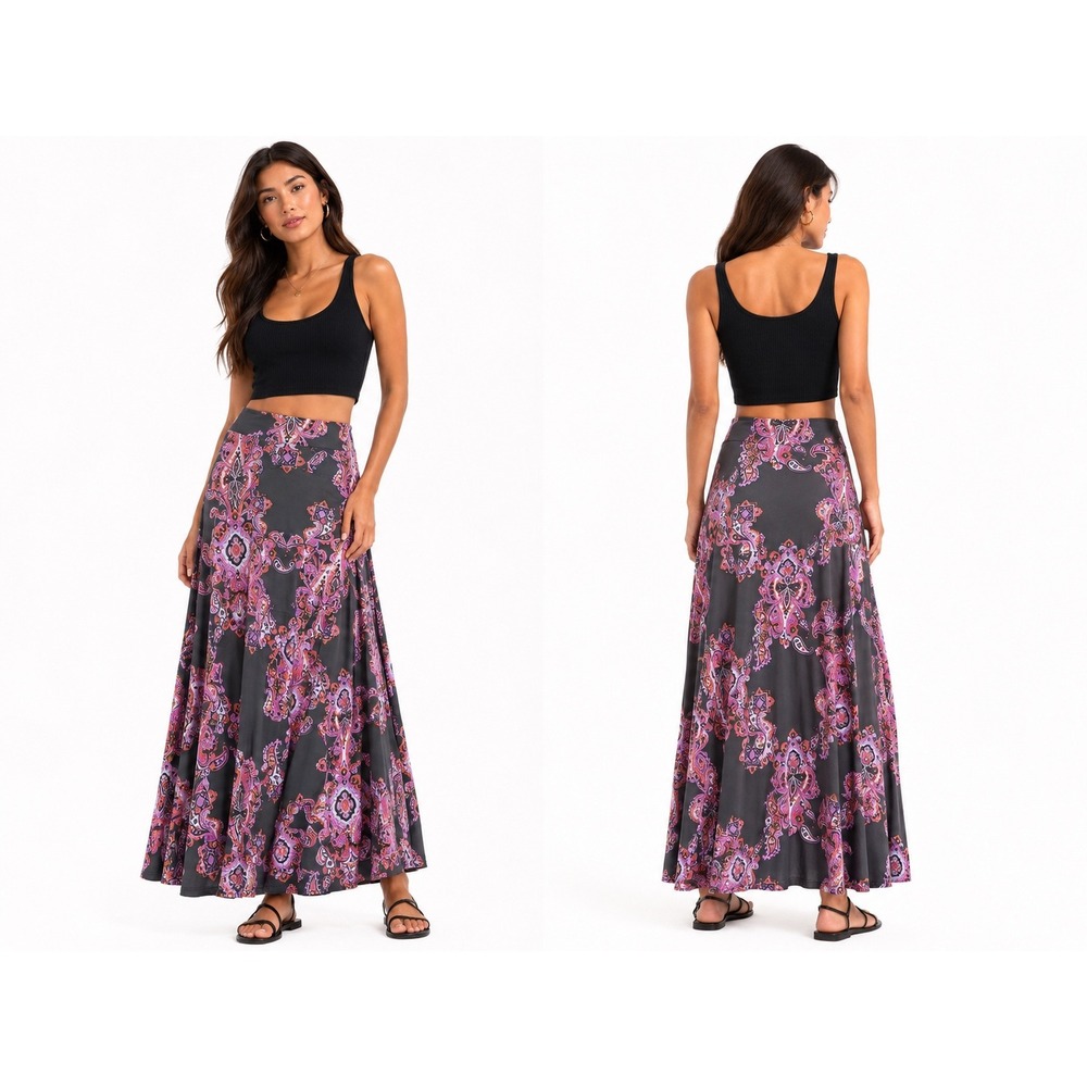 INC International Concepts Maxi Skirt Womens Small Gray Pink Paisley Boho Skirt